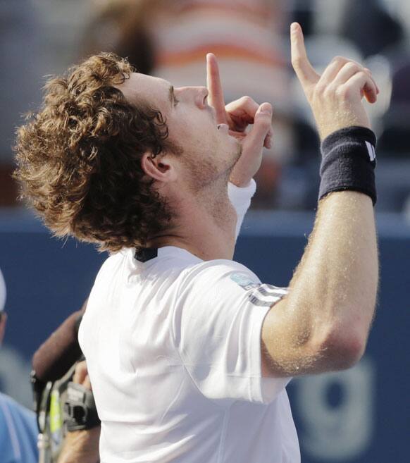 Britain's Andy Murray reacts after beating Czech Republic's Tomas Berdych in a semifinal match at the 2012 US Open tennis tournament.