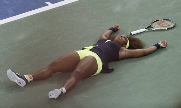 Serena Williams reacts after beating Victoria Azarenka, of Belarus, in the championship match at the 2012 US Open tennis tournament.