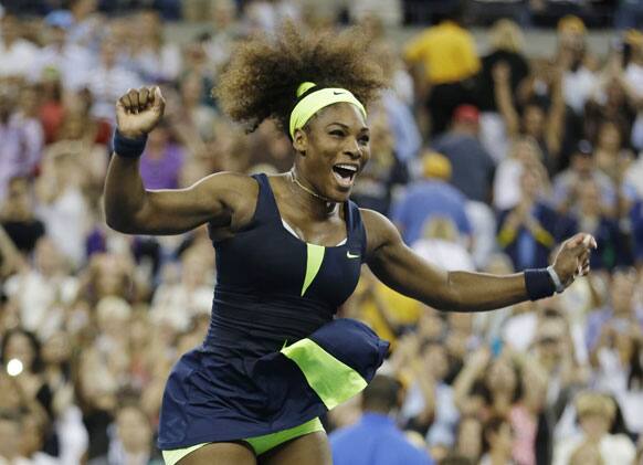 Serena Williams reacts after beating Victoria Azarenka, of Belarus, in the championship match at the 2012 US Open tennis tournament.