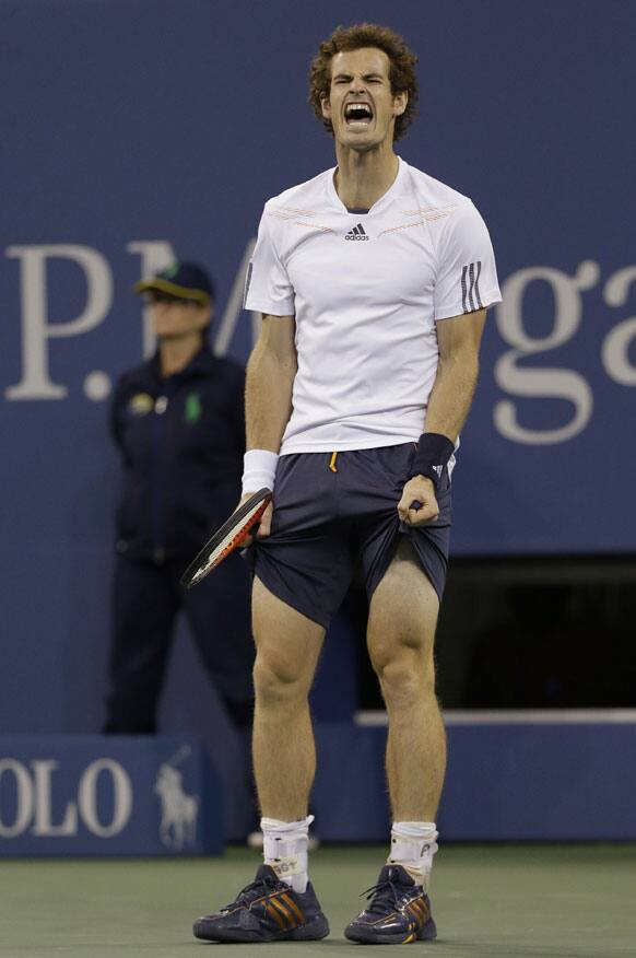 Britain's Andy Murray reacts while playing against Serbia's Novak Djokovic during the championship match at the 2012 US Open tennis tournament.