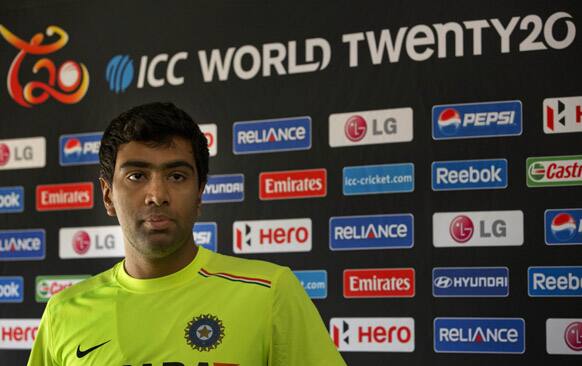 Ravichandran Ashwin speaks during a press conference ahead of the ICC T20 cricket World Cup in Colombo.