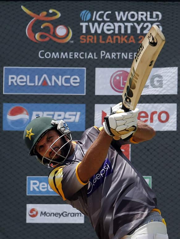 Pakistan's batsman Shahid Afridi plays a shot during a practice session in Colombo, Sri Lanka.