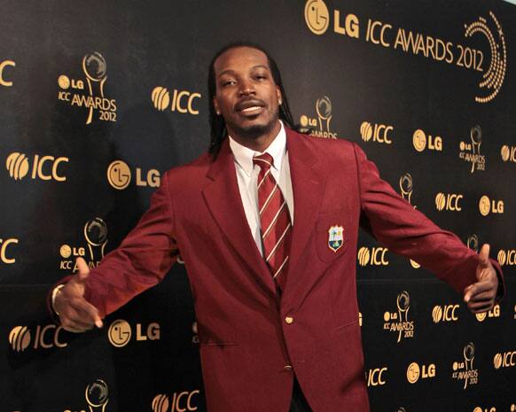 West Indies cricketer Chris Gayle poses as he arrives for the ICC Awards 2012 in Colombo.