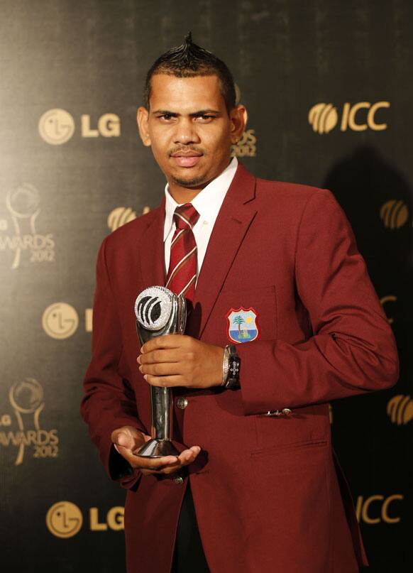 West Indies' cricketer Sunil Narine poses with the Emerging Cricketer of the Year award at the ICC Awards 2012 in Colombo.