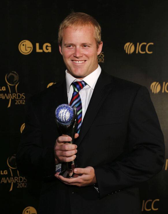 South Africa's Richard Levi poses with the International Performance of the Year award at the ICC Awards 2012 in Colombo.