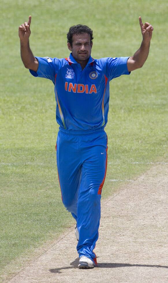 Irfan Pathan celebrates the dismissal of Sri Lanka's batsman Tillakaratne Dilshan, unseen during a practice match between Sri Lanka and India ahead of the ICC T20 cricket World Cup in Colombo.