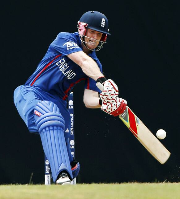 England's Eoin Morgan plays a shot during a warm-up game against Australia ahead of the ICC Twenty20 Cricket World Cup in Colombo.