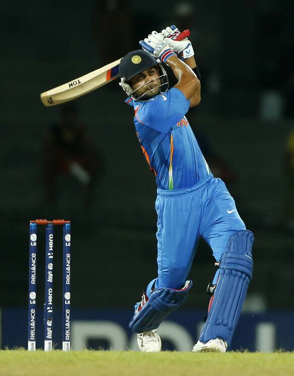 Virat Kohli plays a shot during their ICC Twenty20 Cricket World Cup match in Colombo, Sri Lanka.