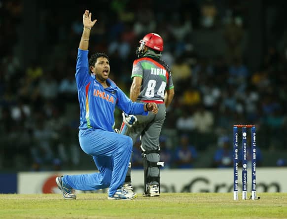 India's bowler Yuvraj Singh successfully appeals to dismiss Afghanistan's batsman Nawroz Mangal during their ICC Twenty20 Cricket World Cup match in Colombo.