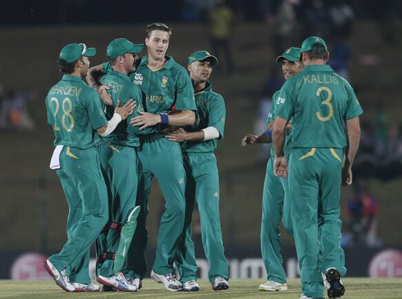 Morne Morkel celebrates the dismissal of Zimbabwe's captain Brendan Taylor during the ICC Twenty20 Cricket World Cup match between South Africa and Zimbabwe in Hambantota, Sri Lanka.