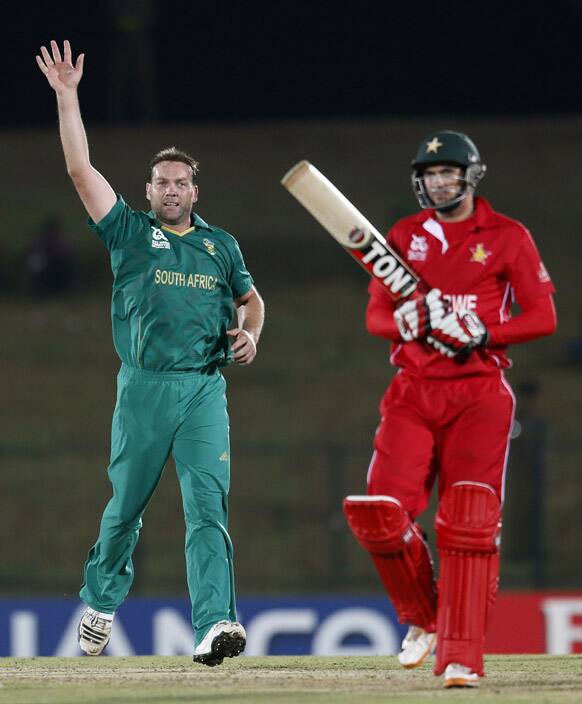 South Africa's bowler Jacques Kallis, left, celebrates the dismissal of Zimbabwe's batsman Graeme Cremer, right, during the ICC Twenty20 Cricket World Cup match between South Africa and Zimbabwe in Hambantota.