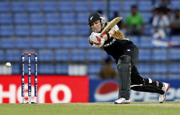 New Zealand batsman Brendon McCullum plays a shot during the ICC Twenty20 Cricket World Cup match against Bangladesh in Pallekele, Sri Lanka.