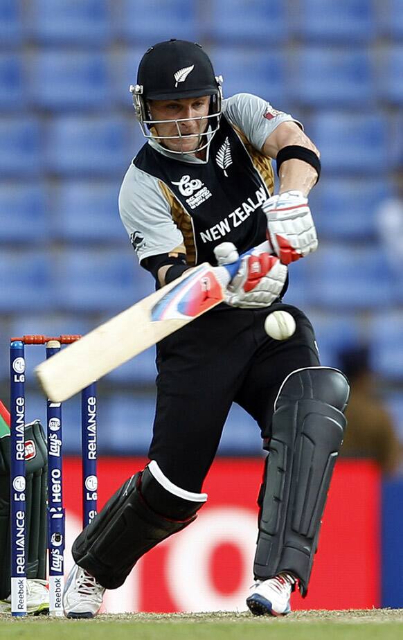 Brendon McCullum plays a shot during the ICC Twenty20 Cricket World Cup match against Bangladesh in Pallekele, Sri Lanka.