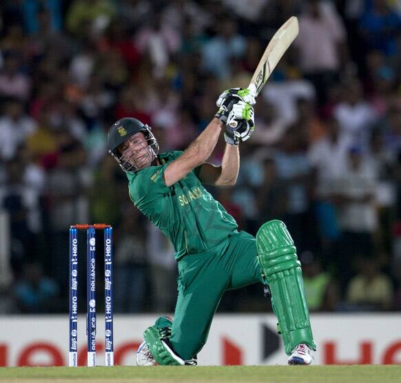 South Africa's captain A.B. de Villiers bats during a ICC Twenty20 Cricket World Cup match against Sri Lanka in Hambantota, Sri Lanka.