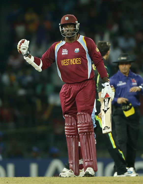 West Indies' batsman Chris Gayle celebrates scoring a half century during their ICC Twenty20 Cricket World Cup match against Australia in Colombo, Sri Lanka.