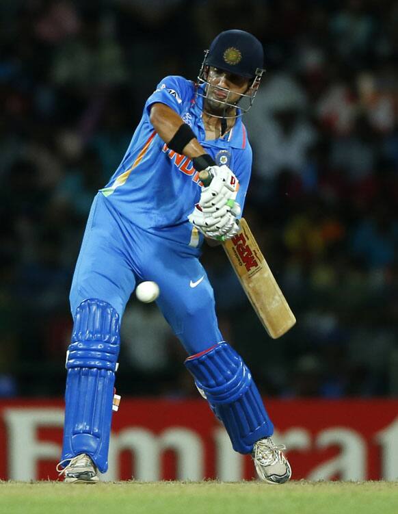 Gautam Gambhir plays a shot during an ICC Twenty20 Cricket World Cup match against England in Colombo.