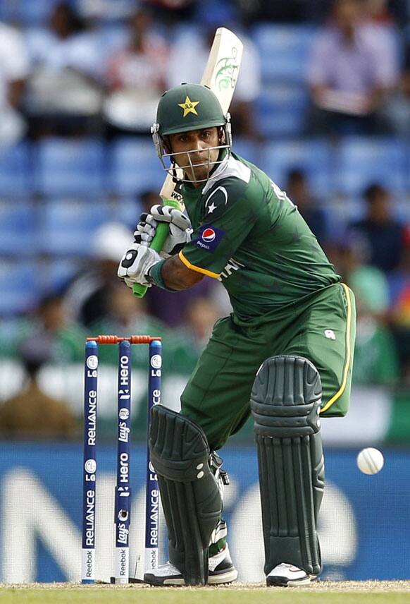 Pakistan's captain Mohammad Hafeez prepares to play a shot against New Zealand during their ICC Twenty20 Cricket World Cup match in Pallekele.