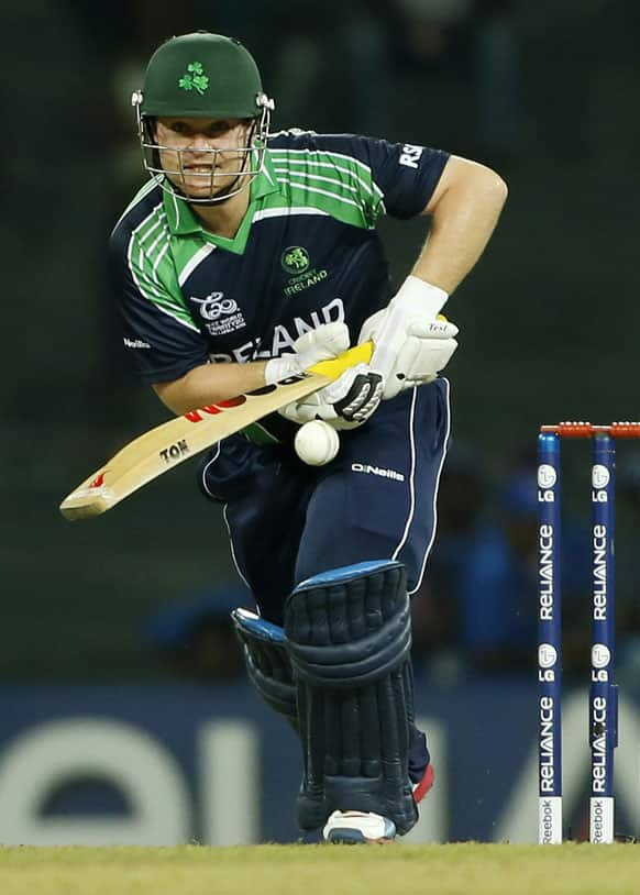 Ireland's batsman Paul Stirling plays a shot during an ICC Twenty20 Cricket World Cup match against West Indies' in Colombo.