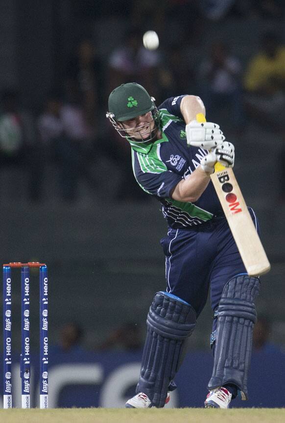 Ireland's batsmen Paul Stirling plays a shot during a ICC Twenty20 Cricket World Cup match between Ireland and West Indies in Colombo.