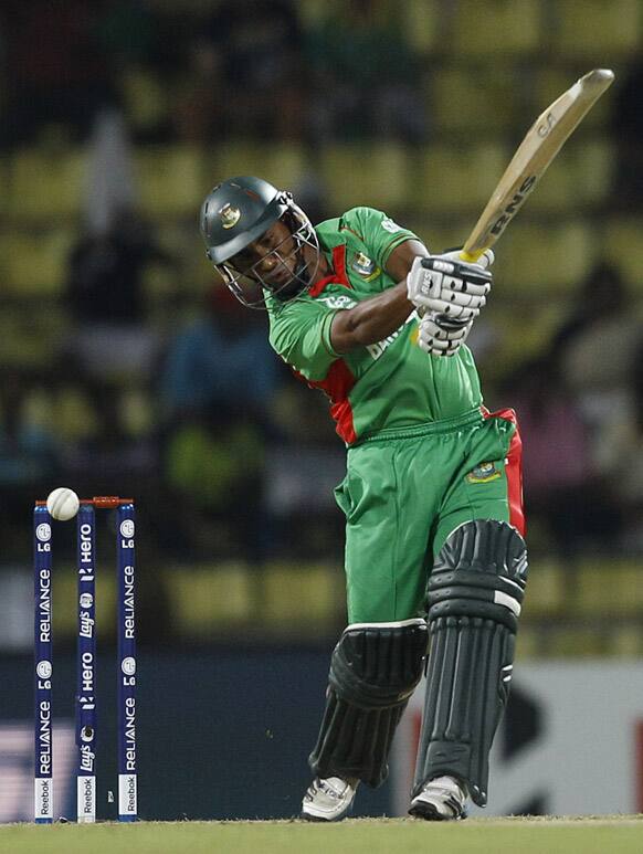 The bat swings and the ball is about to hit stumps to dismiss Bangladesh batsman Mohammad Ashraful during the ICC Twenty20 Cricket World Cup match against Pakistan in Pallekele, Sri Lanka.