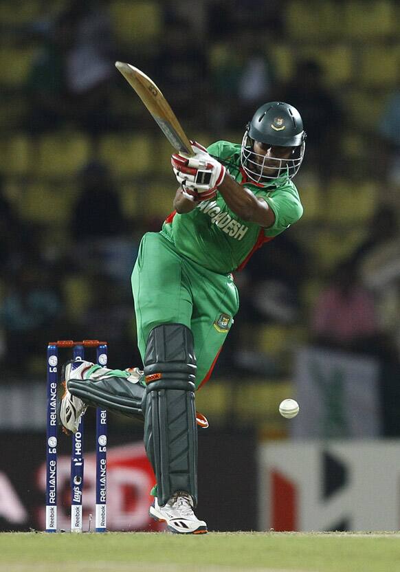 Bangladesh batsman Shakib Al Hasan plays a shot during the ICC Twenty20 Cricket World Cup match against Pakistan in Pallekele, Sri Lanka.