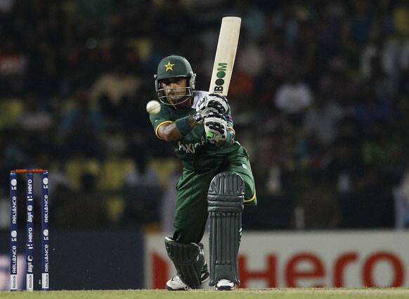 Pakistan's captain Mohammad Hafeez plays a shot during the ICC Twenty20 Cricket World Cup match against Bangladesh in Pallekele.