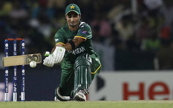 Pakistan's batsman Imran Nazir plays a shot during the ICC Twenty20 Cricket World Cup match against Bangladesh in Pallekele.