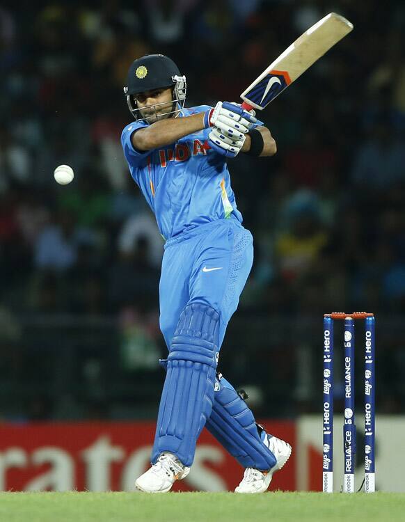 India's batsman Virat Kohli plays a shot during the ICC Twenty20 Cricket World Cup Super Eight match against Australia in Colombo.