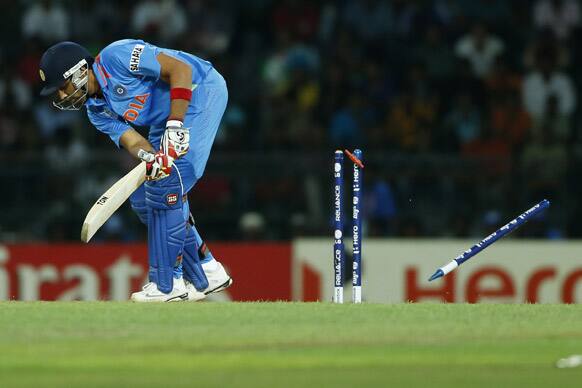 India's batsman Rohit Sharma bowled out during the ICC Twenty20 Cricket World Cup Super Eight match against Australia in Colombo.