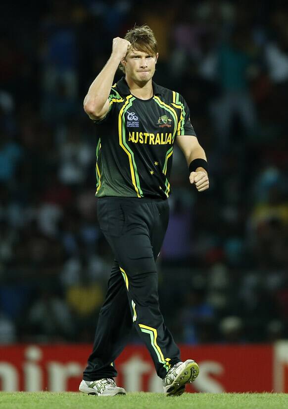 Australia's bowler Shane Watson, celebrates the dismissal of India's batsman Yuvraj Singh, unseen, during the ICC Twenty20 Cricket World Cup Super Eight match in Colombo.