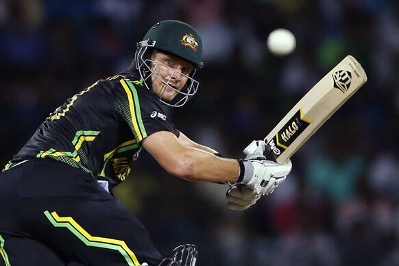 Australia's batsman Shane Watson plays a shot against India during the ICC Twenty20 Cricket World Cup Super Eight match in Colombo.