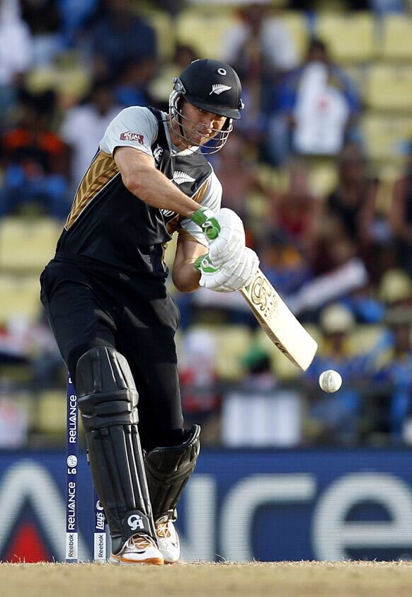 New Zealand's batsman James Franklin plays a shot against England during their ICC Twenty20 Cricket World Cup Super Eight match in Pallekele.