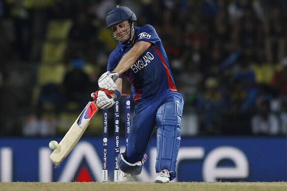 Luke Wright plays a shot during an ICC Twenty20 Cricket World Cup Super Eight match against New Zealand, in Pallekele, Sri Lanka.