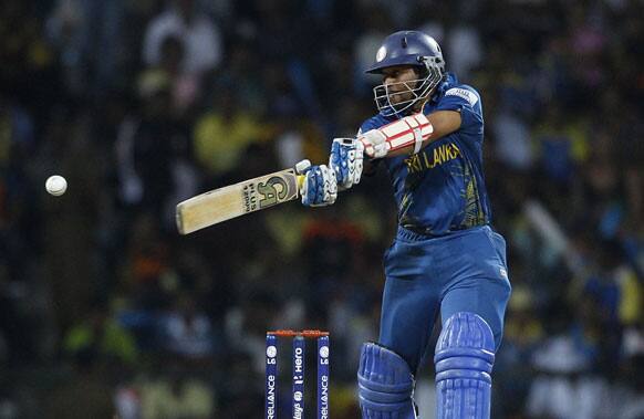 Sri Lanka's batsman Tillakaratne Dilshan plays a shot during the ICC Twenty20 Cricket World Cup Super Eight match against West Indies' in Pallekele.