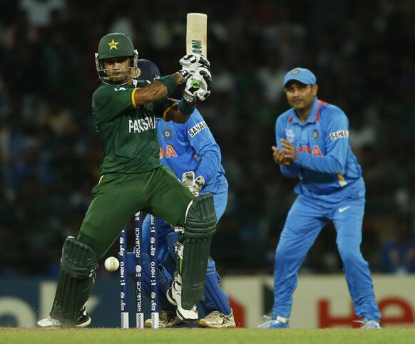 Pakistan's batsman Mohammad Hafeez plays a shot during the ICC Twenty20 Cricket World Cup Super Eight match between India and Pakistan in Colombo.