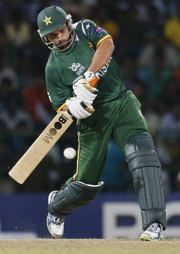 Pakistan's batsman Shahid Afridi bats during the ICC Twenty20 Cricket World Cup Super Eight match between India and Pakistan in Colombo.