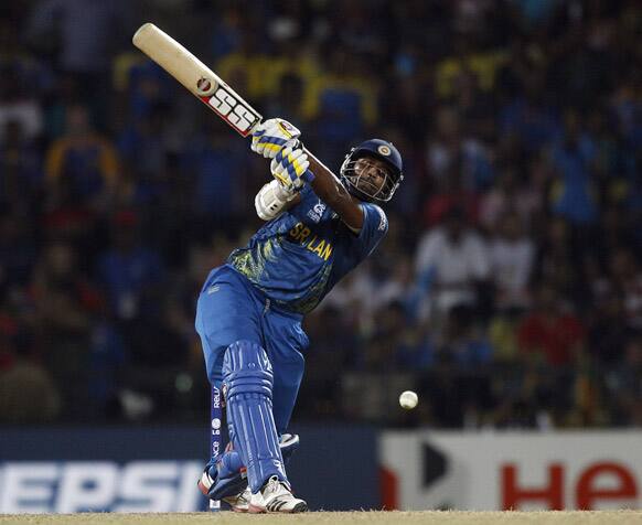 Sri Lanka's batsman Thisara Perera plays a shot during the ICC Twenty20 Cricket World Cup Super Eight match against England in Pallekele, Sri Lanka.