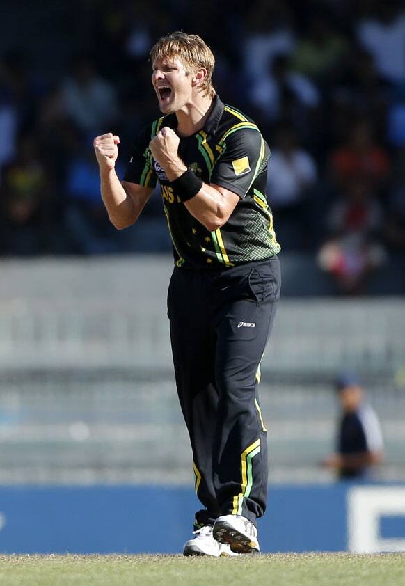 Australia's bowler Shane Watson celebrates taking the wicket of Pakistan's batsman Imran Nazir unseen, during their ICC Twenty20 Cricket World Cup Super Eight matchin Colombo.