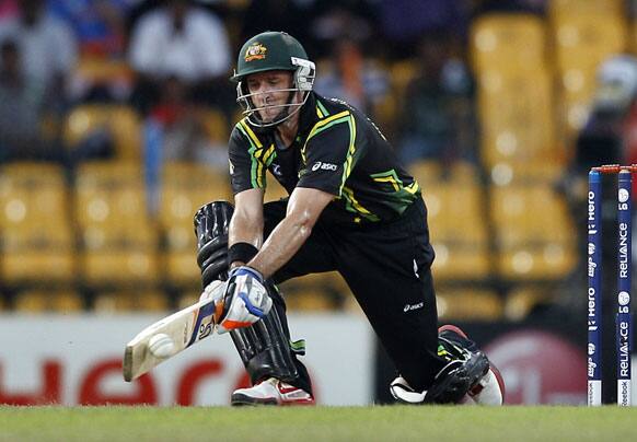 Australia's batsman Michael Hussey plays a shot during an ICC Twenty20 Cricket World Cup Super Eight match against Pakistan in Colombo.