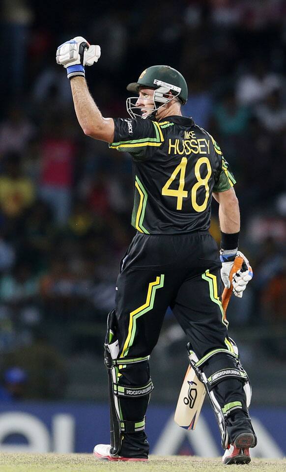 Australia's batsman Michael Hussey celebrates after scoring a half-century during an ICC Twenty20 Cricket World Cup Super Eight match against Pakistan in Colombo.