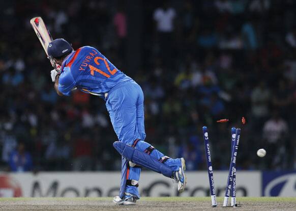 India's batsman Yuvraj Singh loses his wicket during the ICC Twenty20 Cricket World Cup Super Eight match between India and South Africa in Colombo.