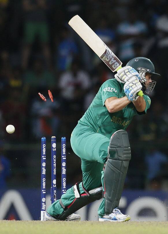 South Africa's Albie Morkel loses his wicket during the ICC Twenty20 Cricket World Cup Super Eight match between India and South Africa in Colombo.