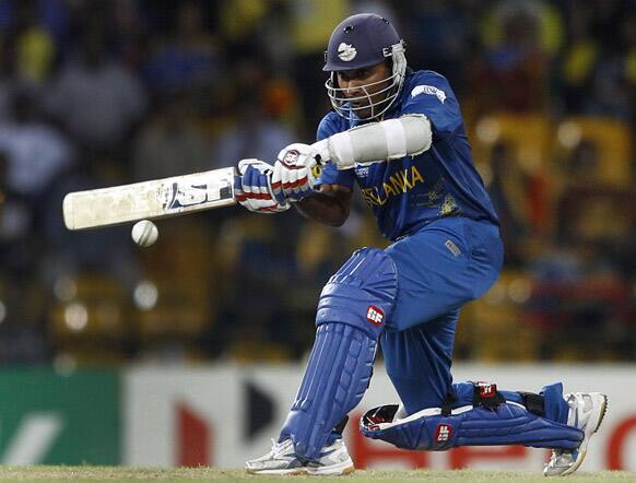 Sri Lanka's captain Mahela Jayawardene plays a shot during an ICC Twenty20 Cricket World Cup semifinal match against Pakistan in Colombo.