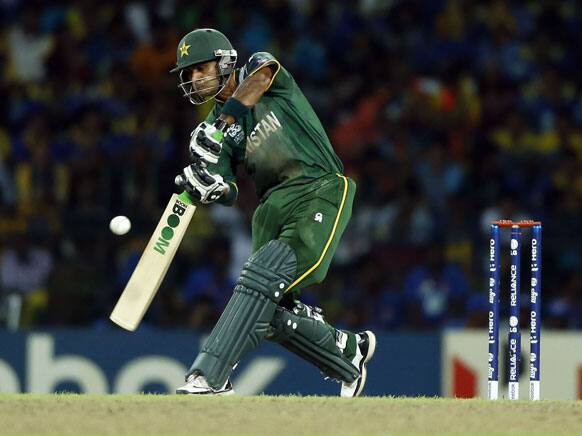 Pakistan's captain Mohammad Hafeez plays a shot during the ICC Twenty20 Cricket World Cup semi final match between Pakistan and Sri Lanka in Colombo.