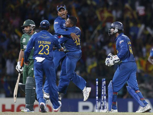 Sri Lanka's bowler Rangana Herath, second right celebrates the dismissal of Pakistan's Shahid Afridi, left with captain Mahela Jayawardena, third left and others during the ICC Twenty20 Cricket World Cup semifinal match between Sri Lanka and Pakistan in Colombo, Sri Lanka.