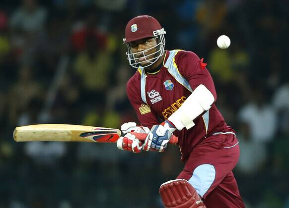 West Indies' batsman Marlon Samuels plays a shot during the ICC Twenty20 Cricket World Cup semi final match between Australia and West Indies' in Colombo.