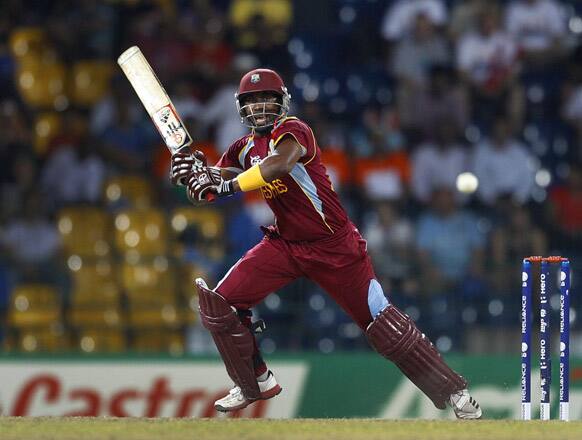 West Indies' batsman Dwayne Bravo plays a shot during the ICC Twenty20 Cricket World Cup semifinal match against Australia in Colombo.