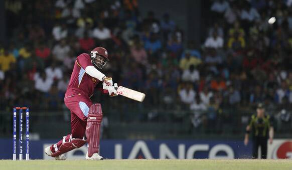 Chris Gayle bats during the ICC Twenty20 Cricket World Cup semifinal match between Australia and West Indies in Colombo.