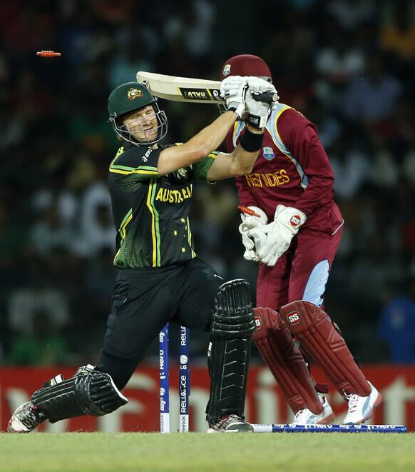 Australia's batsman Shane Watson, left, bowled out in front of West Indies' wicketkeeper Denesh Ramdin during the ICC Twenty20 Cricket World Cup semi final match between Australia and West Indies' in Colombo.