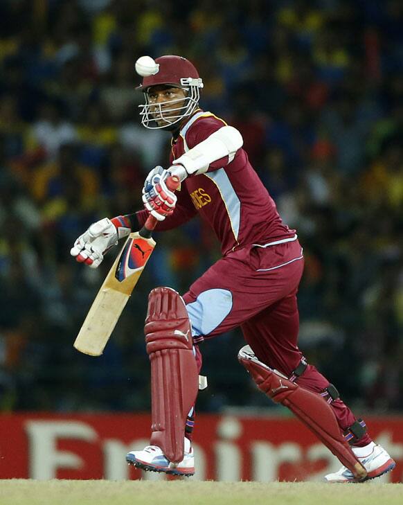 West Indies' batsman Marlon Samuels plays a shot during their ICC Twenty20 Cricket World Cup final match in Colombo.